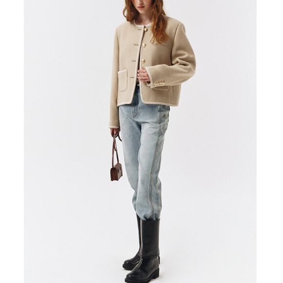 DUNST X RTR Cream Beige Wool Rich Blend Classic Boucle Tweed Jacket Size L - Picture 3 of 8